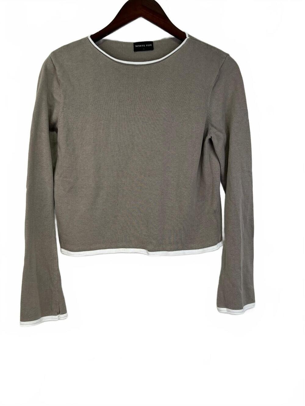 White Fox Boutique Taupe Long Sleeve Cotton Knit Top with White Trim, Size S